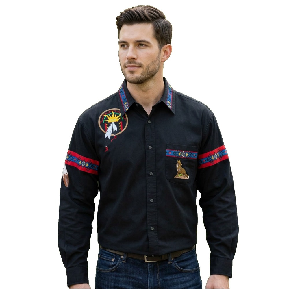Aztec Embroidered Wolf Shirt Western Native American Mens Sz L - Picture 2 of 12